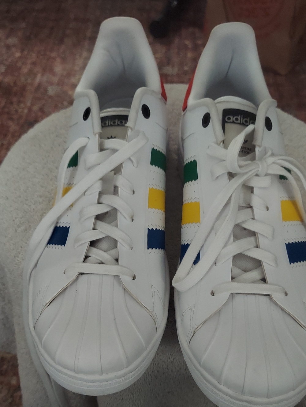 adidas White Shell-Toe Sneakers with Green, Yellow & Blue Stripes